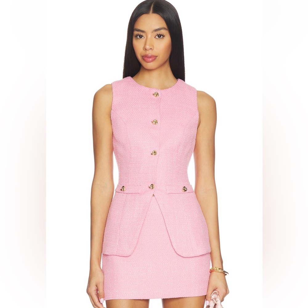 Francesca Vest and Mini Skirt set Rose Pink Tweed Jacket with Gold Knot Button